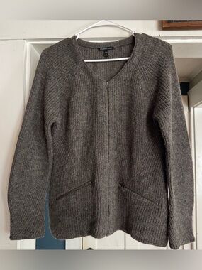 Eileen Fisher Charcoal Ribbed Zip-Front 100% Baby Alpaca Cardigan